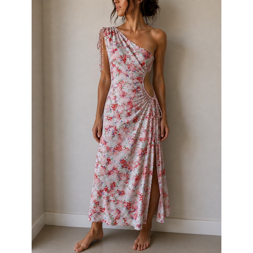 Hello Molly Mint Floral One Shoulder Ruched Cut Out Maxi Dress Size 4
